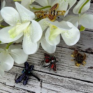 Spring is Here! One lot: 4 Bug brooches. 2 bees, 1 wasp, and 1 dragon fly.